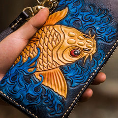 Handmade Leather Men Tooled Carp Cool Biker Leather Wallets Long Chain Wallets for Men