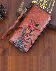 Womens Butterfly&Orchid Flower Gray Blue Leather Wristlet Wallets Zip Around Wallet Flower Ladies Zipper Clutch Wallet for Women