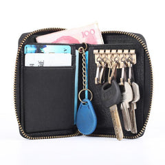 Cool Black Leather Men's Zipper Card Holder Card Bifold Small Wallet Key Holder For Men