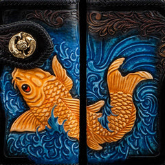 Handmade Leather Carp Tooled Long Mens Chain Biker Wallets Cool Leather Wallet With Chain Wallets for Men