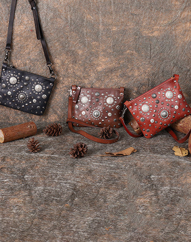 Leather Womens Rivets Shoulder Bags Saddle Vintage Slim Crossbody Purse for Women