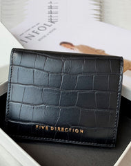 Cute Women Black Vegan Leather Small Billfold Wallet Card Holder Crocodile Pattern Slim Card Wallets For Women