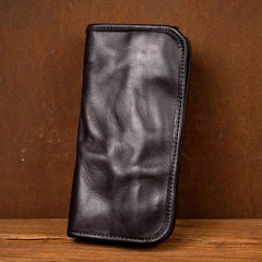 Black Cool Mens Leather long Wallet Brown Leather Zipper Wallet Long Wallets Clutch for Men