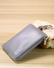 Slim Women Gray Leather Zip Wallet with Keychains Minimalist Coin Wallet Small Zip Change Wallet For Women