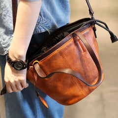 Leather Drawstring Bucket Bag Tan Bucket Shoulder Bag - Annie Jewel