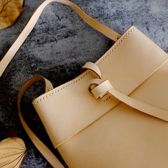 Handmade Leather Beige Womens Bucket Purses Barrel Shoulder Bags for Women