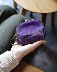 Vintage Women Purple Leather Zip Coin Pouch with Keyring Coin Wallet Change Wallet For Women