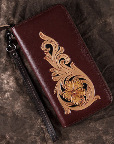 Handmade Floral Coffee Leather Wristlet Wallet Womens Zip Around Wallets Flowers Ladies Zipper Clutch Wallet for Women