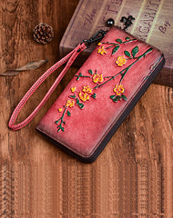 Handmade Womens Red Leather Plum Blossom Flowers Wristlet Wallet Zip Around Wallet Ladies Zipper Clutch Wallet for Women