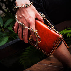 Handmade Leather Mens Chain Biker Wallets Cool Leather Wallet Long Clutch Wallet for Men