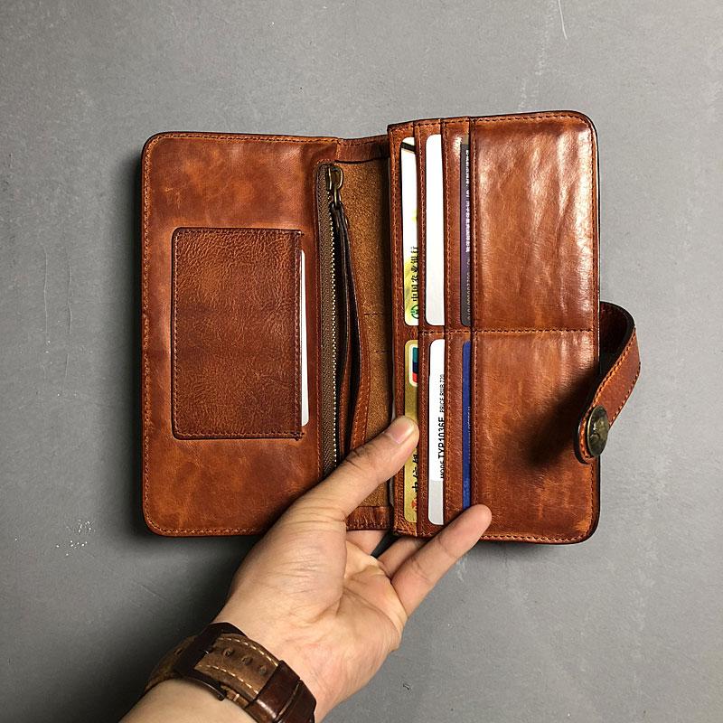 Handmade Genuine Leather Mens Cool Long Leather Wallet Biker Wallet Zipper Clutch Wristlet Wallet for Men
