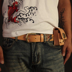 Cool Handmade Yellow Brown Skull Tooled Leather Mens Belt Carved Leather Belt for Men
