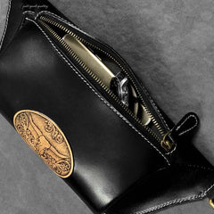 Fashion Black Genuine Leather Biker Fanny Pack Biker Waist Bag Motorcycle Hip Bag For Men