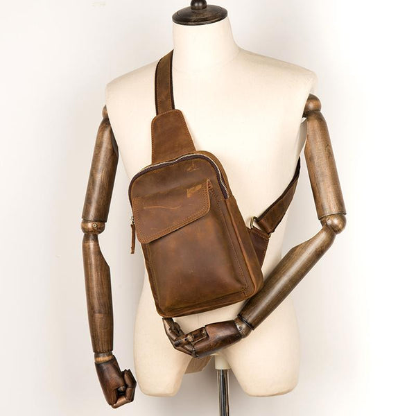 Cool Dark Brown Leather Mens Sling Bag - Back View