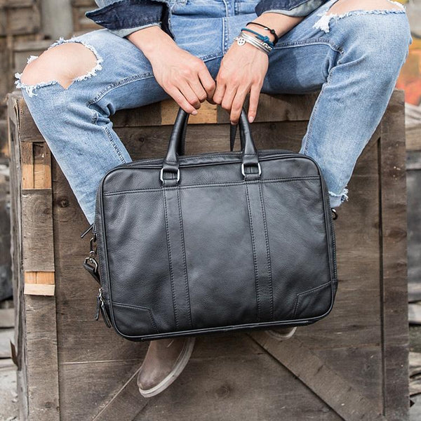 Black Leather Mens 14 inches Briefcase Work - Back View