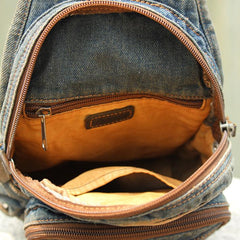 Jean Blue Mens 8 inches Sling Bag Chest Bags Fashion Denim One Shoulder Backpack For Men