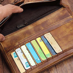 Handmade Leather Mens Cool Long Leather Wallet Wristlet Clutch Wallet for Men
