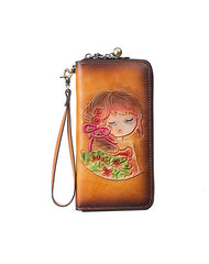 Womens Tan Leather Zip Around Wallets Singing Girl Wristlet Wallets Flower Ladies Zipper Clutch Wallet for Women