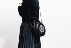 Genuine Leather Round Bag Handbag Purse Shoulder Bag Black for Women Leather Crossbody Bag - EverHandmade