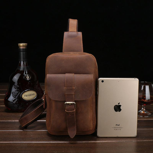 Brown Cool LEATHER MENS Sling Bags One - Back View