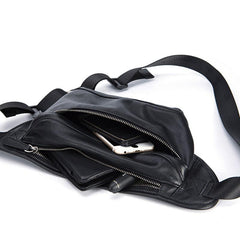 Black Leather Mens Waist Bag Fanny Pack Sling Bag Chest Bag Black One Shoulder Backpack for Men