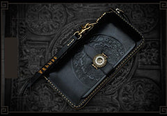 Handmade Leather Tooled Carp Mens Chain Biker Wallet Cool Leather Wallet Long Phone Wallets for Men