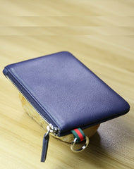 Women Navy Leather Mini Zip Wallet with Keychain Billfold Slim Coin Wallet Small Zip Change Wallet For Women