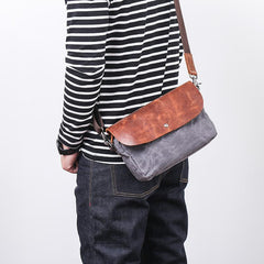 Leather Canvas Mens Small Side Bag Gray Courier Bag Postman Bag Messenger Bag for Men