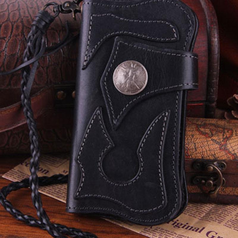 Handmade Genuine Leather Mens Cool Biker Chain Wallet Long Leather Wallet Clutch Wristlet Wallet for Men