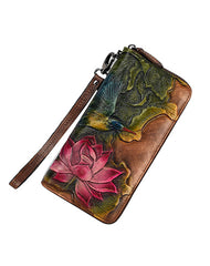 Womens Lotus Flower&Hummingbird Brown Leather Zip Around Wallet Wristlet Wallet Flower Ladies Zipper Clutch Wallet for Women