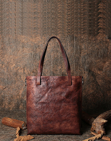 Best Coffee Leather Womens Vertical Tote Handbag Handmade Vintage Tote Shoulder Purse for Ladies