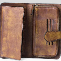 Handmade Leather Mens Cool Long Leather Wallet Trifold Clutch Wallet for Men