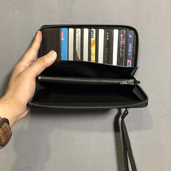 CASUAL BLACK LEATHER MEN'S Bifold Long Wallet Clutch Wallet BLACK Wristlet Wallets FOR MEN