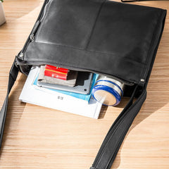 Fashion Black Leather Mens 12 inches Side Bag Messenger Bags Black Postman Bag Courier Bag for Men