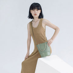 Cute Leather Green Womens Mini Bucket Purse Handbag Barrel Shoulder Bag for Women