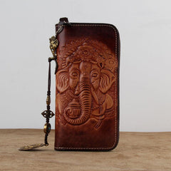 Handmade Leather Ganesha Tooled Biker Chain Mens Long Wallet Cool Leather Wallet Clutch Wallet for Men