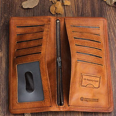 Handmade Leather Mens Cool Long Leather Wallet Bifold Clutch Wallet for Men