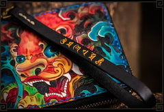 Handmade Leather Chinese Lion Tooled Mens billfold Wallet Cool Chain Wallet Biker Wallet for Men