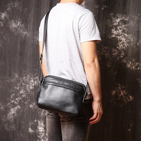 Black LEATHER MENS Small Courier Bag SIDE - Back View