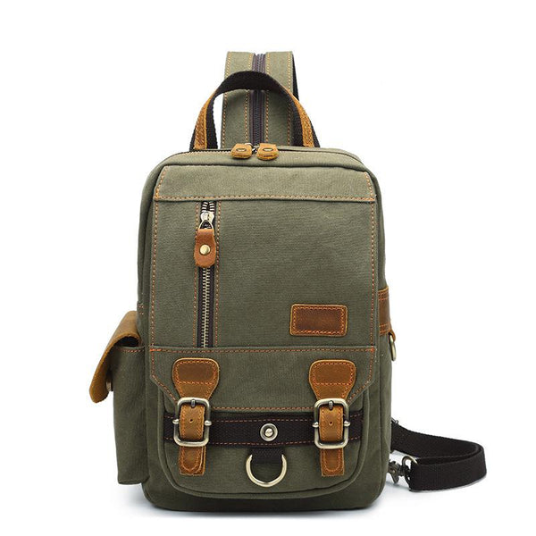 Canvas Leather Mens Mini Sling Bag Khaki Backpack One Shoulder Bag Green for Men