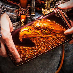 Handmade Leather Mens Tooled Eagle Chain Biker Wallet Cool Leather Wallets Long Wallets for Men