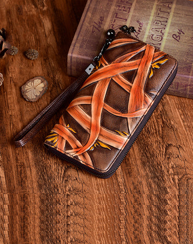 Handmade Bracketplant Leather Wristlet Wallet Womens Zip Around Wallets Flowers WW01181070
