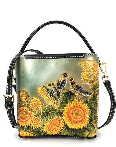 Handmade Womens Tooled Leather Square Handbag Purse SunFlower Crossbody Bag for Women