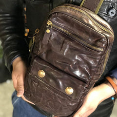 Genuine Leather Mens Cool Chest Bag Sling Bag Coffee Crossbody Pack Sling Pack for men