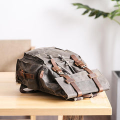 Waxed Canvas Leather Mens Gray Waterproof 15‘’ Large Backpack Travel Backpack College Backpack for Men