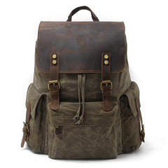Cool Canvas Leather Mens Waterproof 14'' Computer Backpack Large Hiking Backpack Travel Backpack for Men