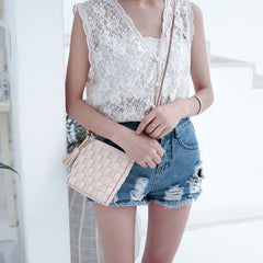 Cute Leather Beige Braided Womens Small Crossbody Purse Mini Shoulder Bag for Women