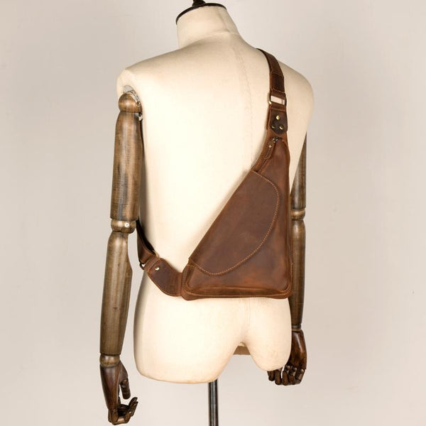 Vintage Brown Leather Mens Sling Bag Coffee - Back View