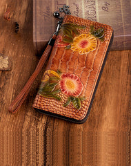 Handmade Floral Black Leather Wristlet Wallet Crocodile Pattern Womens Zip Around Wallets Flowers Ladies Zipper Clutch Wallet for Women