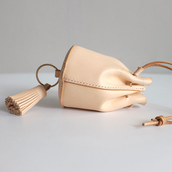 Handmade Leather Beige Womens Mini Wristlet Purse Bucket Purse Barrel Shoulder B ZOWU01581043